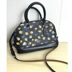 COACH Floral Print Dome Satchel Crossbody Bag Purse Black Multi Leather Trim